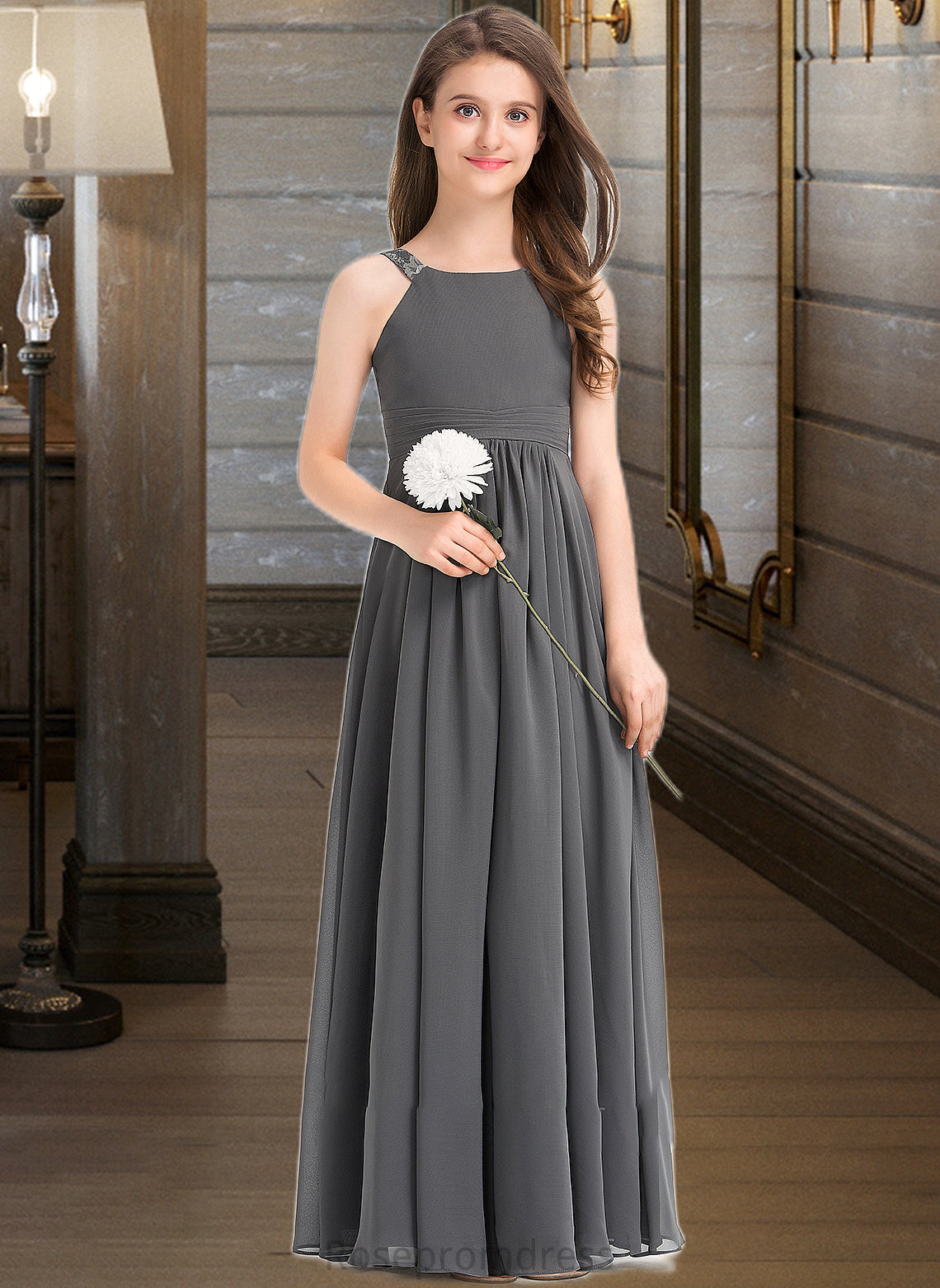 Leanna A-Line Scoop Neck Floor-Length Chiffon Junior Bridesmaid Dress With Ruffle Lace SRSP0013625