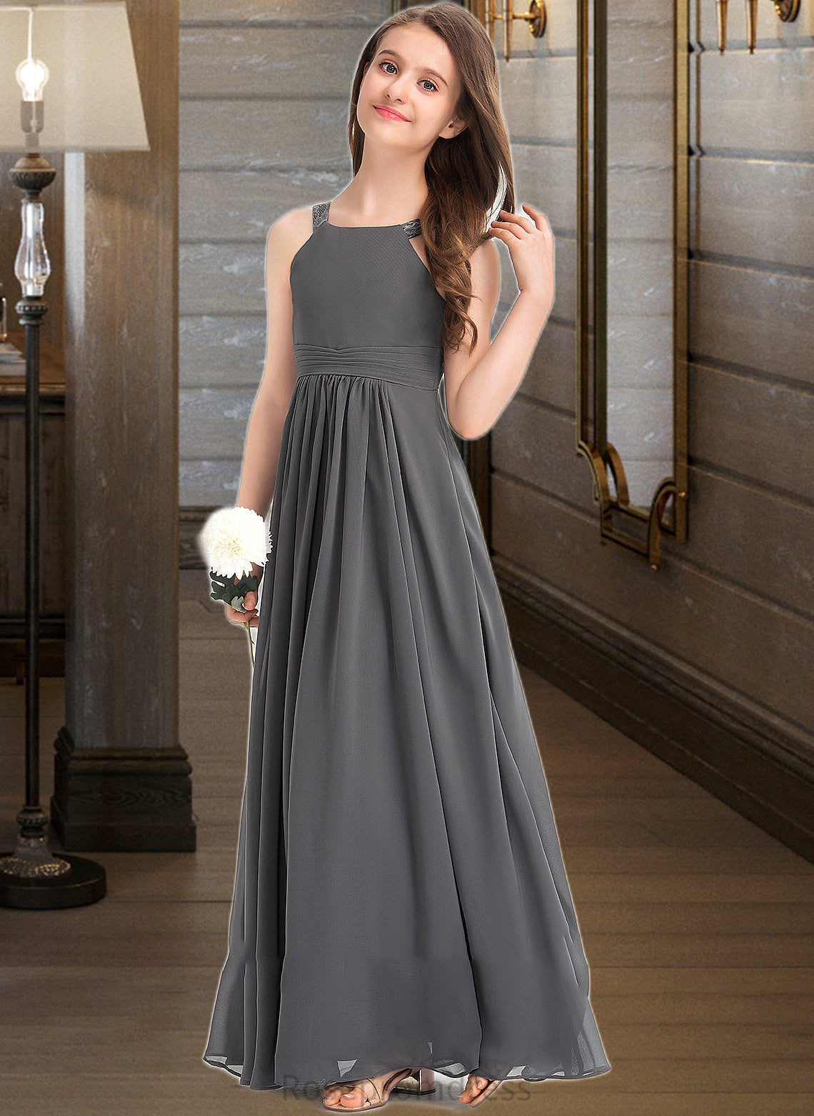 Leanna A-Line Scoop Neck Floor-Length Chiffon Junior Bridesmaid Dress With Ruffle Lace SRSP0013625