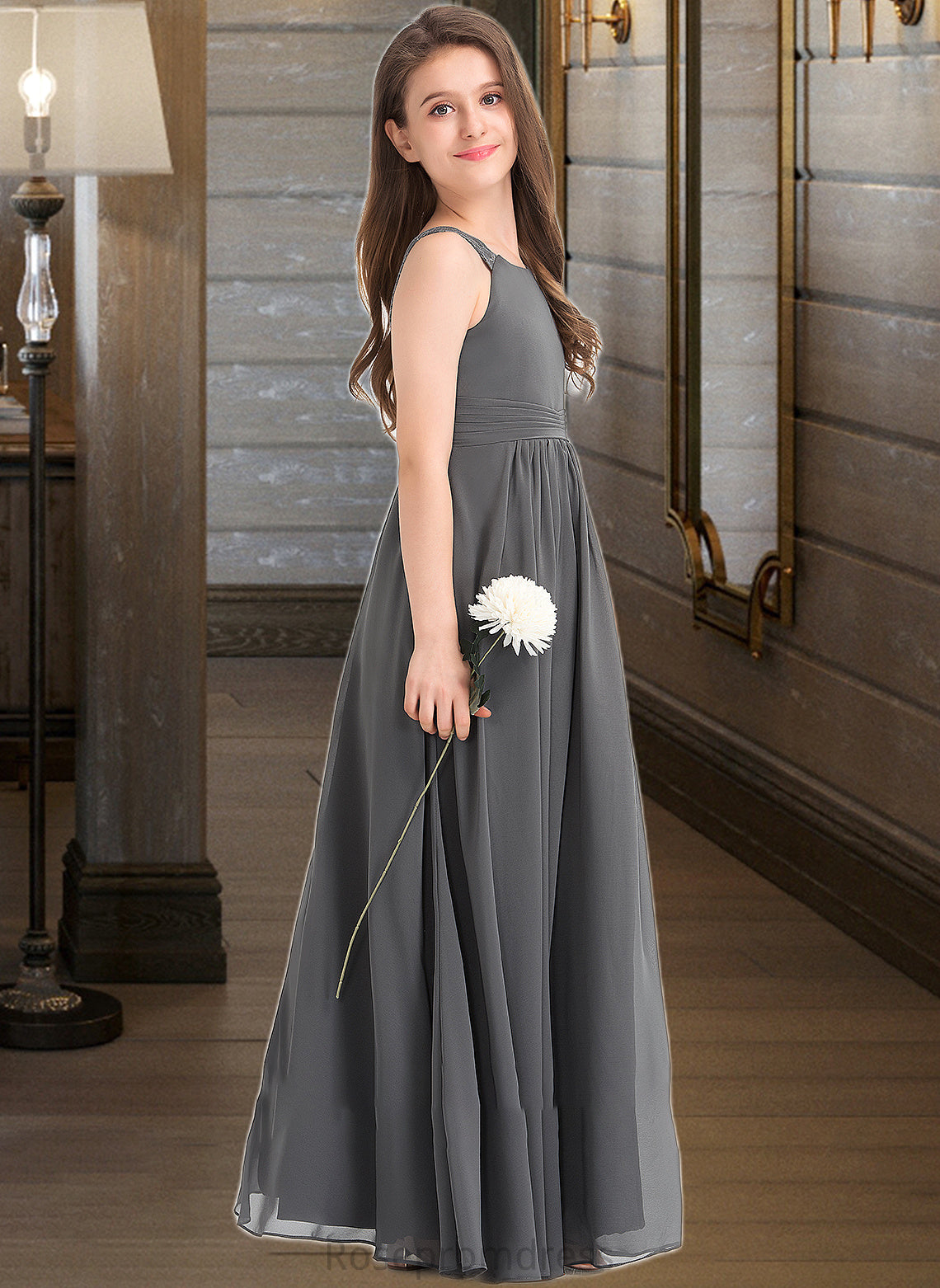 Leanna A-Line Scoop Neck Floor-Length Chiffon Junior Bridesmaid Dress With Ruffle Lace SRSP0013625