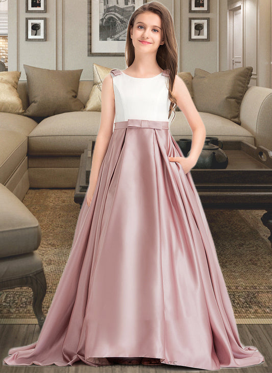Kaiya Ball-Gown/Princess Scoop Neck Sweep Train Satin Junior Bridesmaid Dress With Bow(s) Pockets SRSP0013626