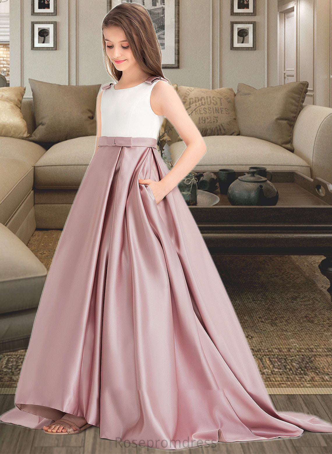 Kaiya Ball-Gown/Princess Scoop Neck Sweep Train Satin Junior Bridesmaid Dress With Bow(s) Pockets SRSP0013626