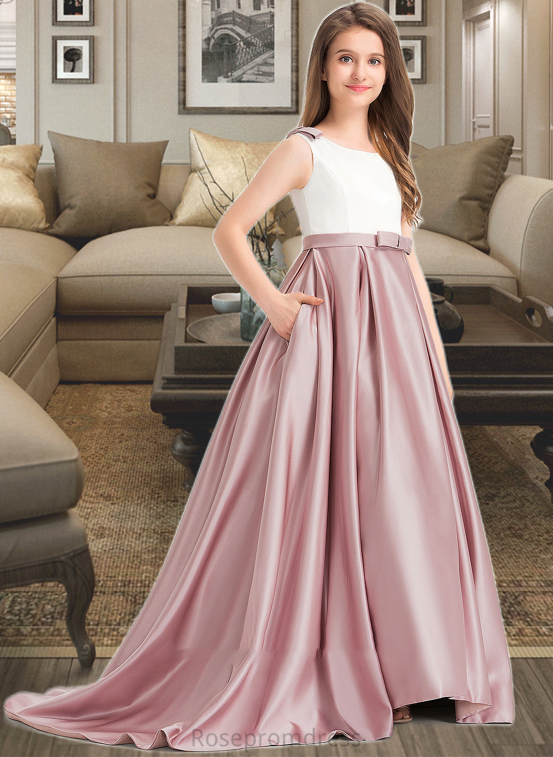 Kaiya Ball-Gown/Princess Scoop Neck Sweep Train Satin Junior Bridesmaid Dress With Bow(s) Pockets SRSP0013626