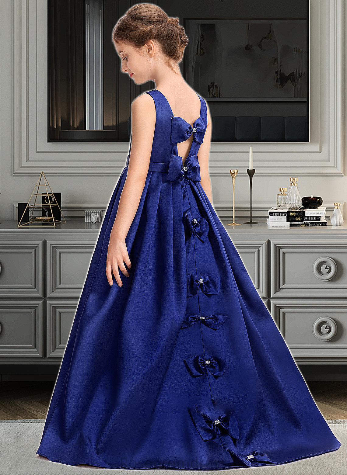 Abbie Ball-Gown/Princess Scoop Neck Sweep Train Satin Junior Bridesmaid Dress With Bow(s) SRSP0013628