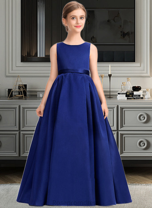 Abbie Ball-Gown/Princess Scoop Neck Sweep Train Satin Junior Bridesmaid Dress With Bow(s) SRSP0013628