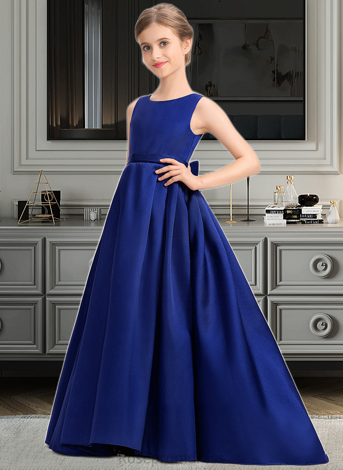 Abbie Ball-Gown/Princess Scoop Neck Sweep Train Satin Junior Bridesmaid Dress With Bow(s) SRSP0013628