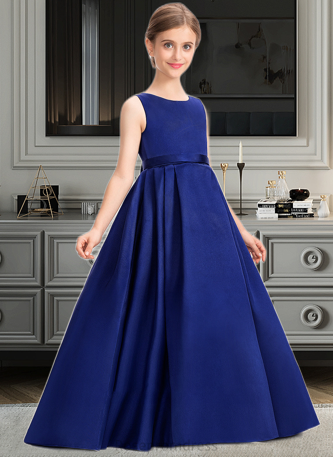 Abbie Ball-Gown/Princess Scoop Neck Sweep Train Satin Junior Bridesmaid Dress With Bow(s) SRSP0013628