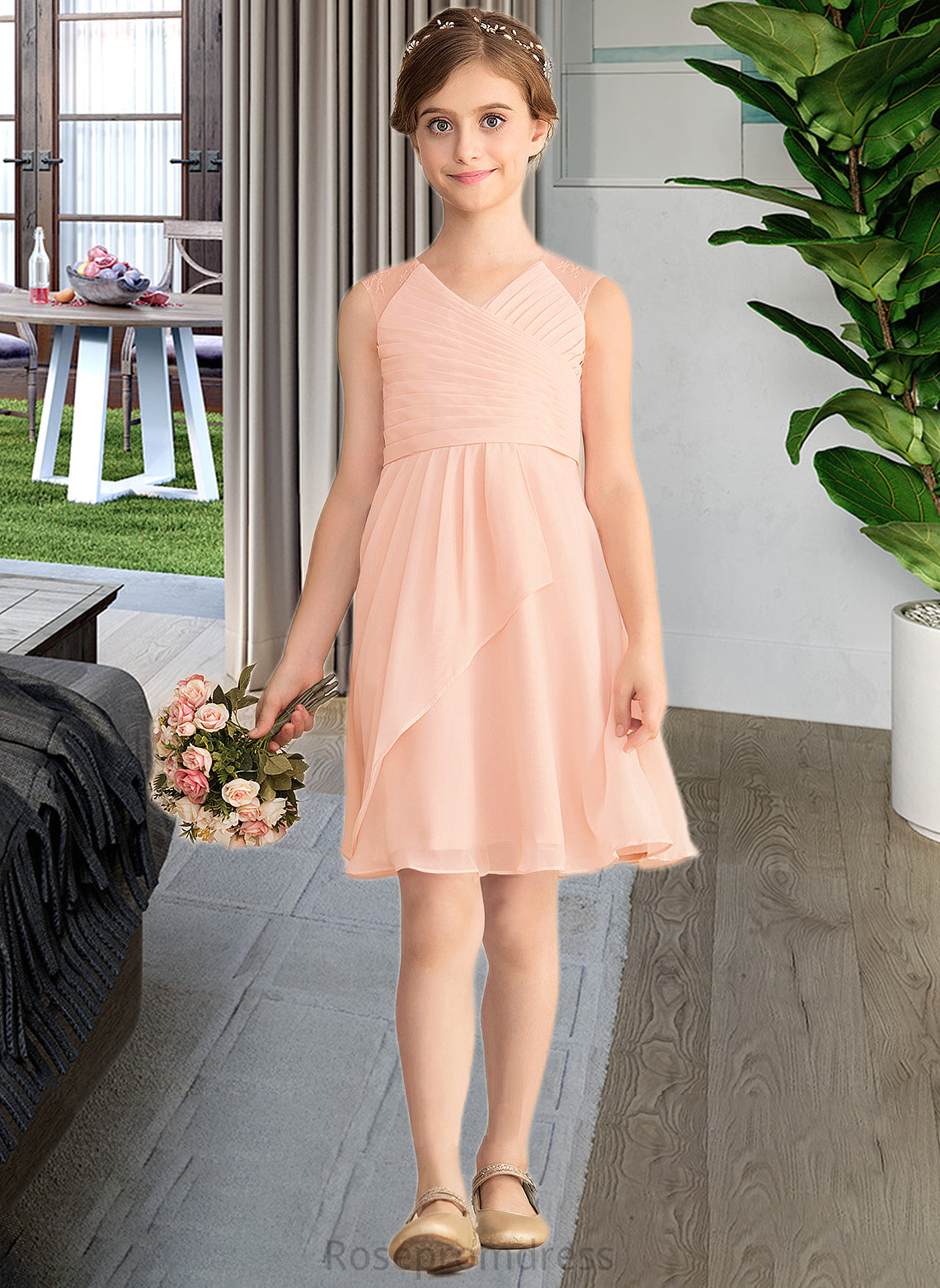 Avah A-Line V-neck Knee-Length Chiffon Lace Junior Bridesmaid Dress With Cascading Ruffles SRSP0013630