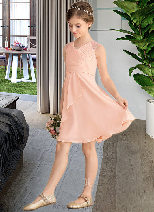 Avah A-Line V-neck Knee-Length Chiffon Lace Junior Bridesmaid Dress With Cascading Ruffles SRSP0013630