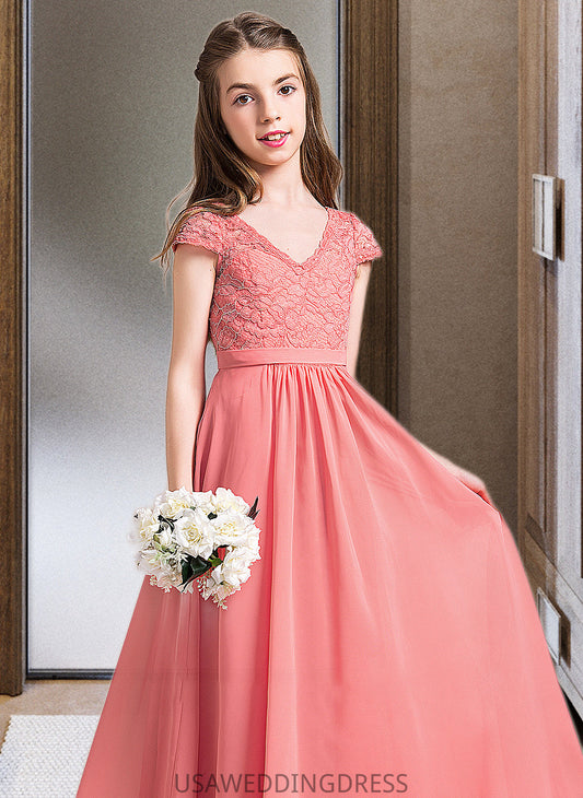Annabelle A-Line V-neck Floor-Length Chiffon Lace Junior Bridesmaid Dress DSP0013634