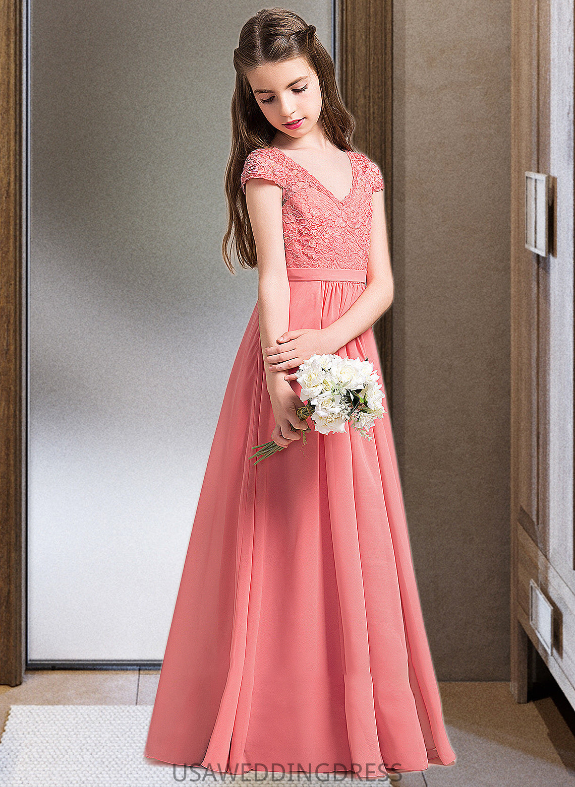 Annabelle A-Line V-neck Floor-Length Chiffon Lace Junior Bridesmaid Dress DSP0013634