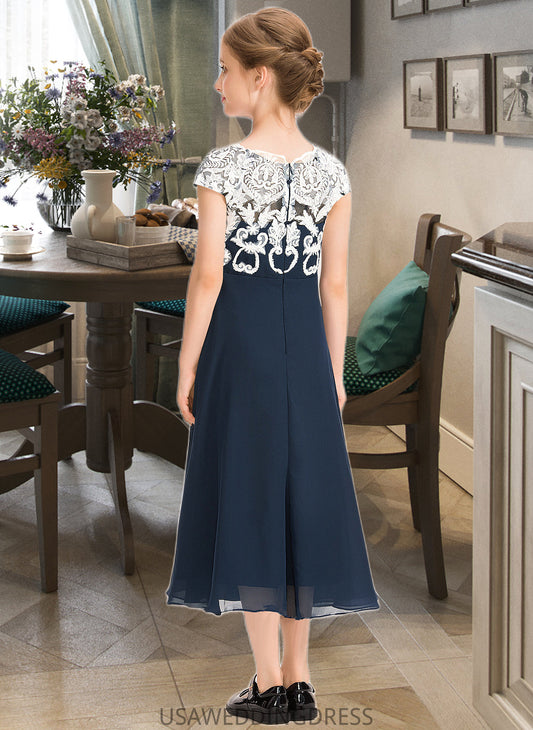Aubree A-Line Scoop Neck Tea-Length Chiffon Lace Junior Bridesmaid Dress DSP0013643