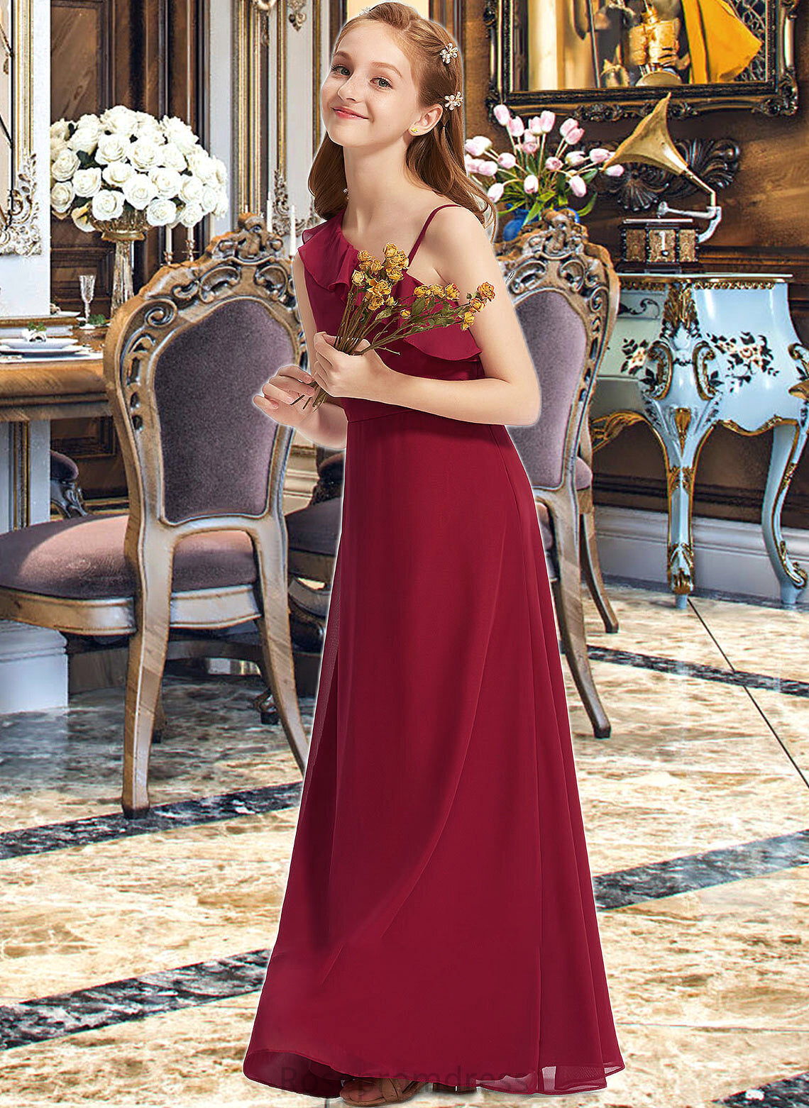 Kaia A-Line One-Shoulder Floor-Length Chiffon Junior Bridesmaid Dress With Ruffles SRSP0013650