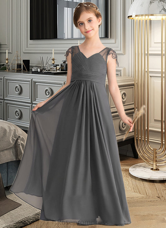 Nicola A-Line V-neck Floor-Length Chiffon Junior Bridesmaid Dress With Ruffle Beading SRSP0013653