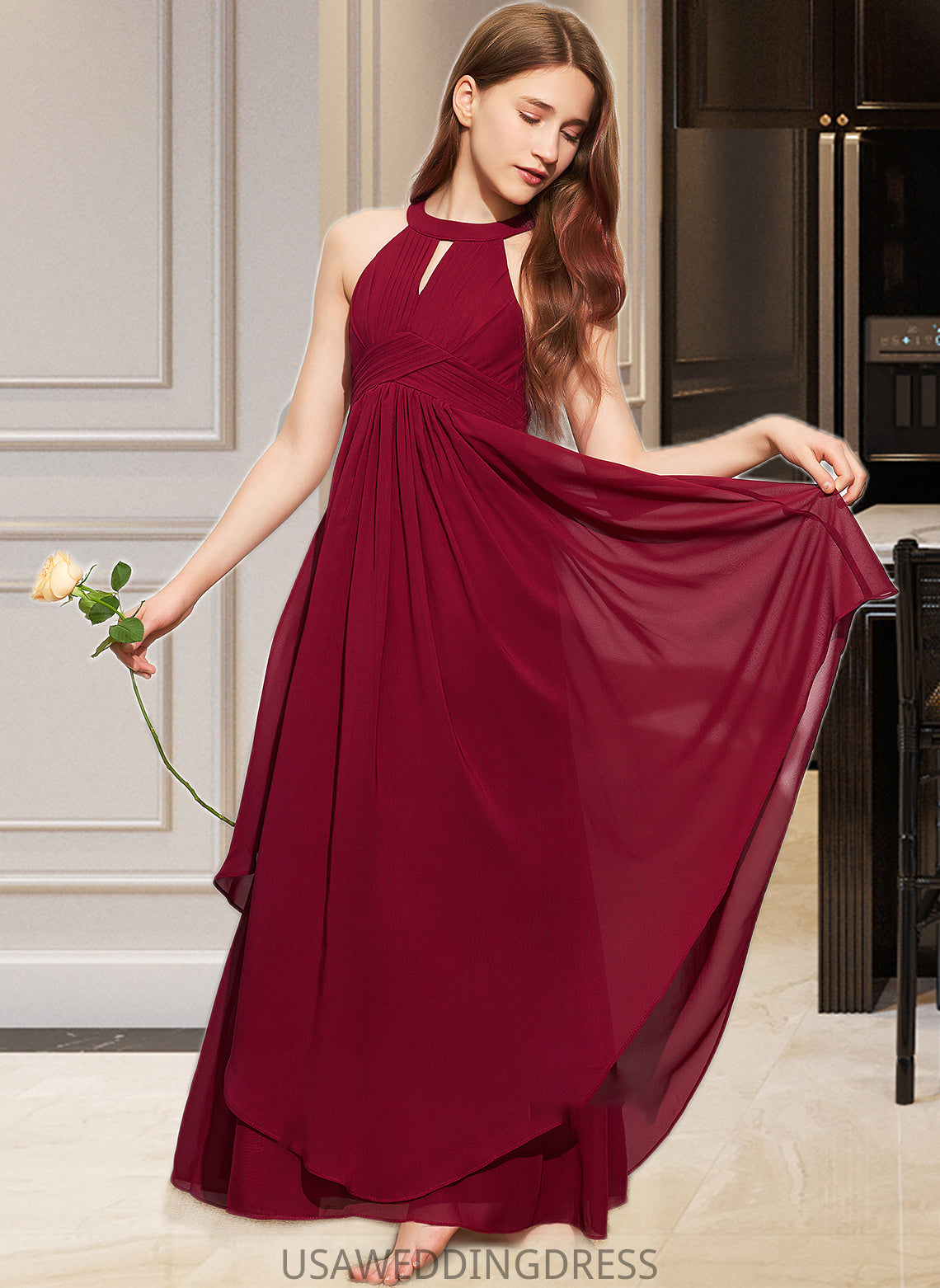 Danika A-Line Scoop Neck Floor-Length Chiffon Junior Bridesmaid Dress With Ruffle DSP0013654