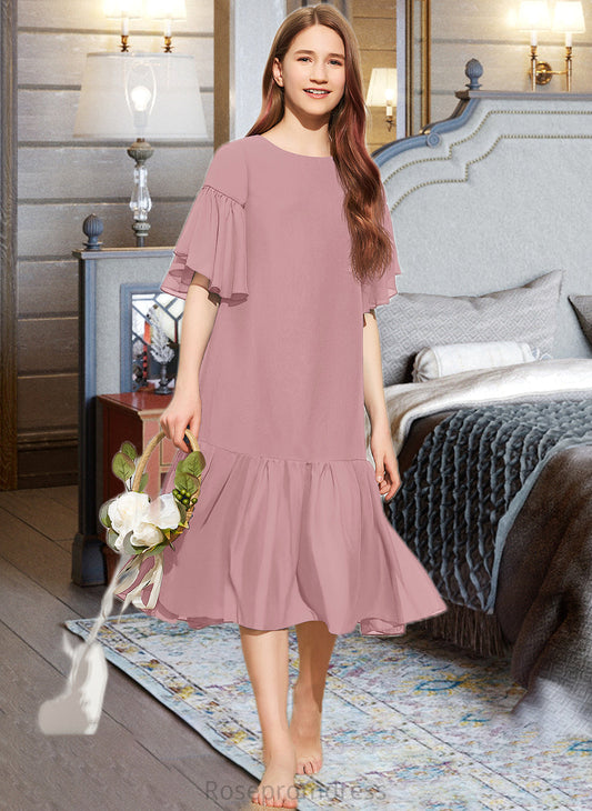 Nathalia A-Line Scoop Neck Knee-Length Chiffon Junior Bridesmaid Dress With Cascading Ruffles SRSP0013656
