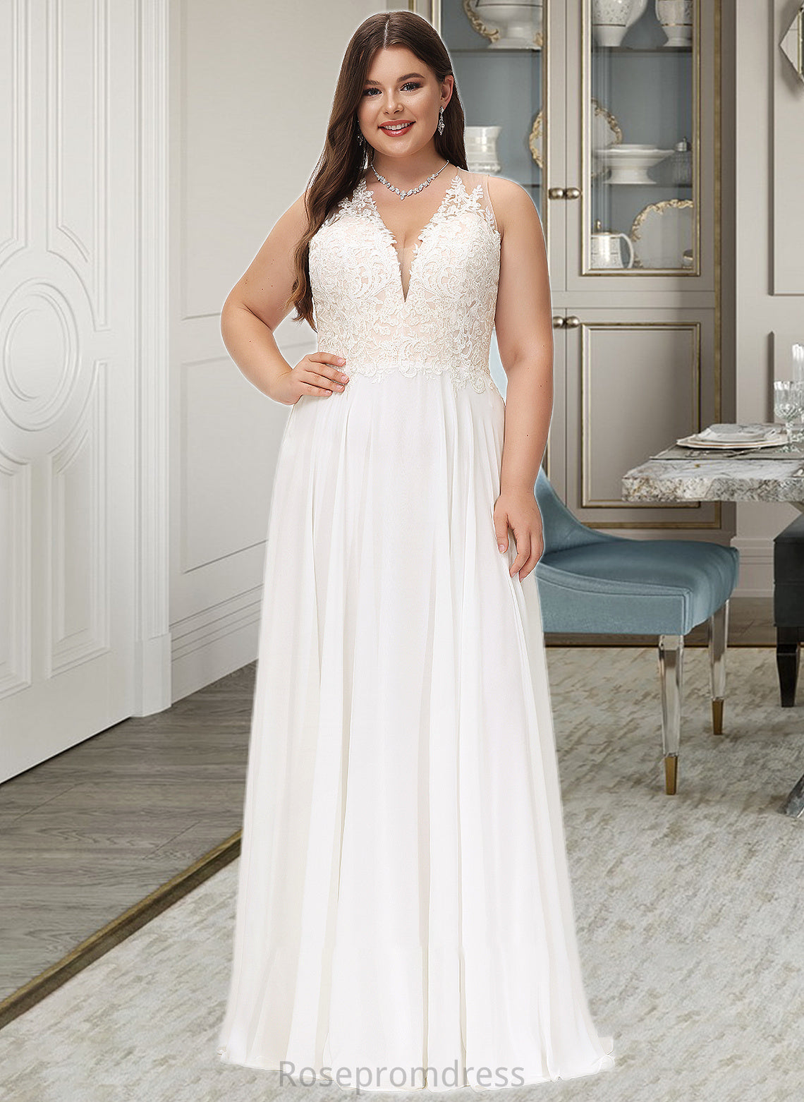 Kenzie A-Line V-neck Sweep Train Chiffon Lace Wedding Dress With Lace SRSP0013677
