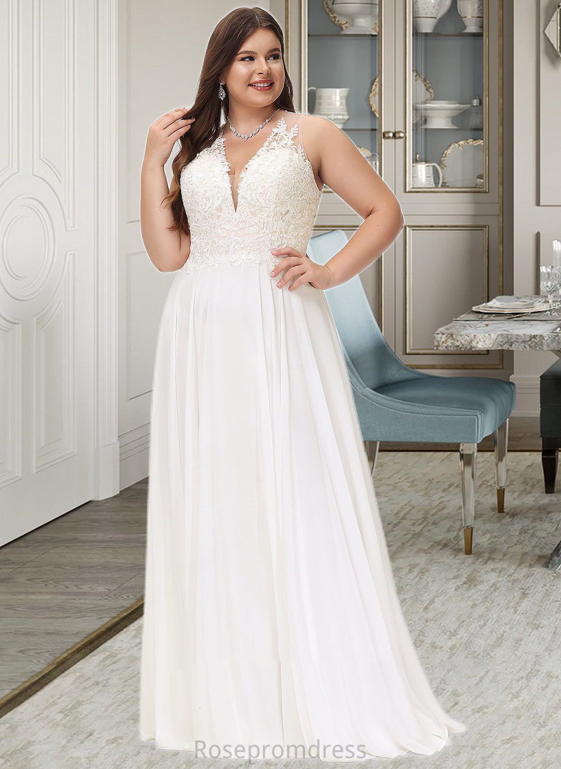 Kenzie A-Line V-neck Sweep Train Chiffon Lace Wedding Dress With Lace SRSP0013677