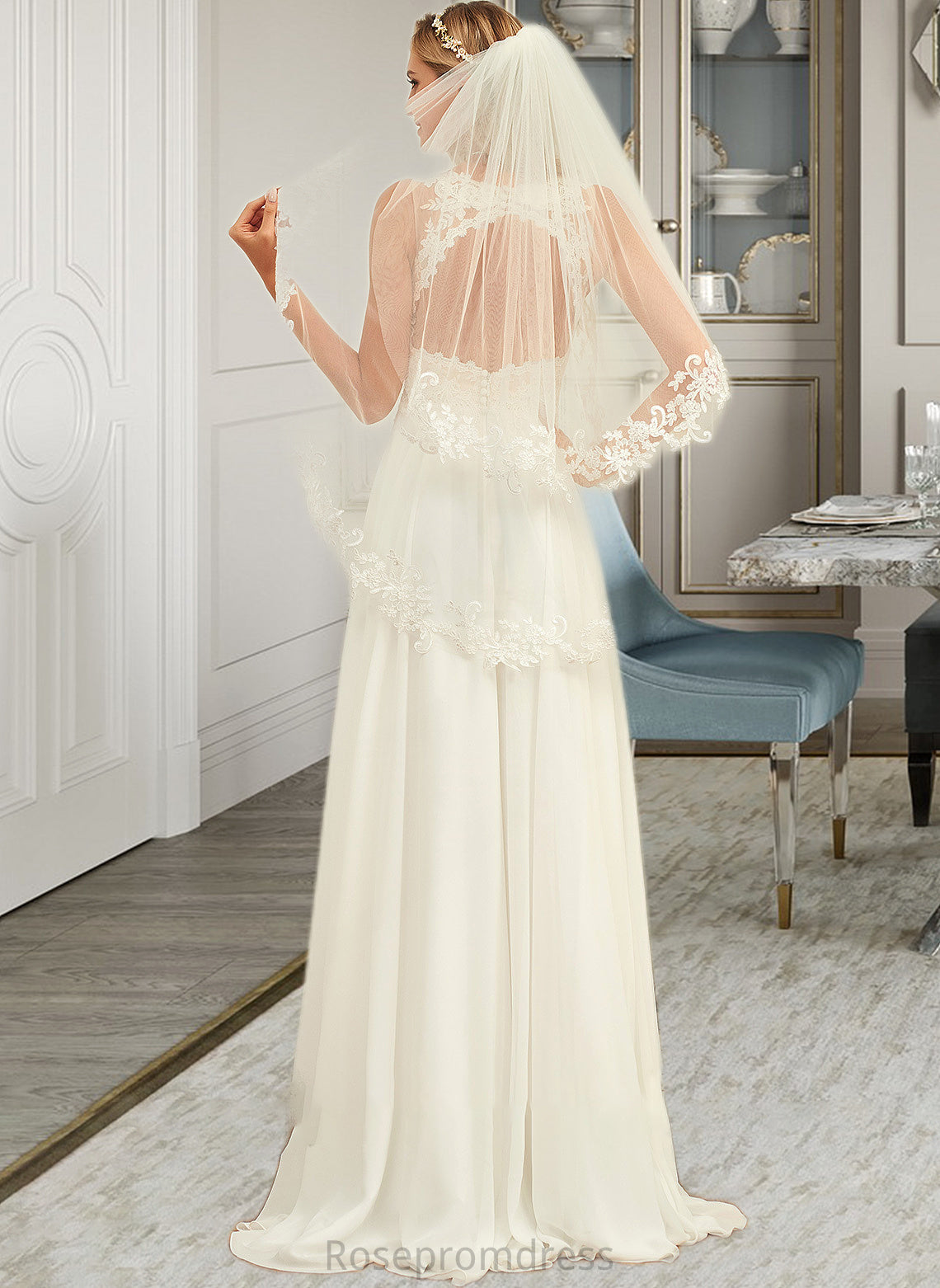Kenzie A-Line V-neck Sweep Train Chiffon Lace Wedding Dress With Lace SRSP0013677