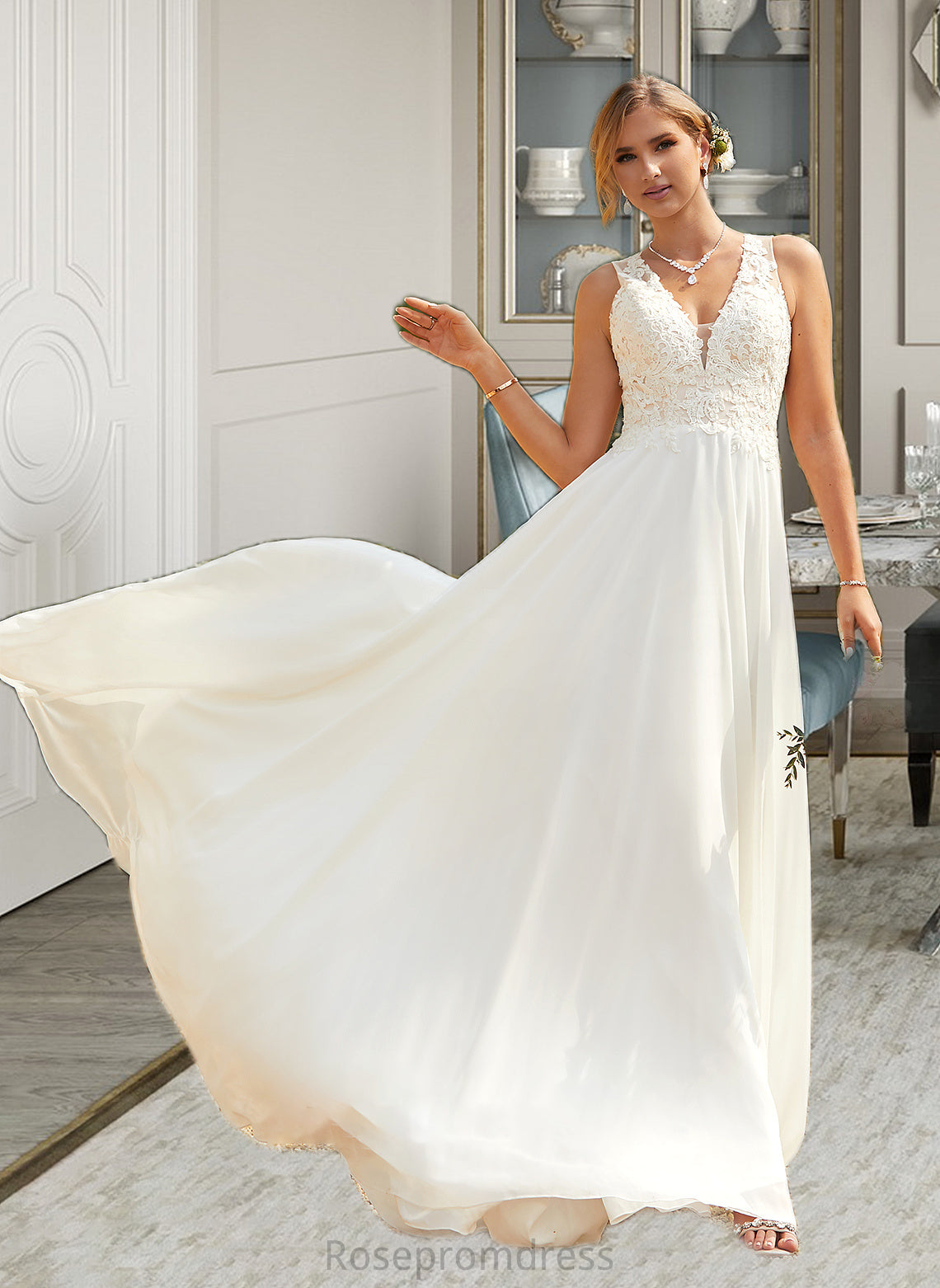 Kenzie A-Line V-neck Sweep Train Chiffon Lace Wedding Dress With Lace SRSP0013677