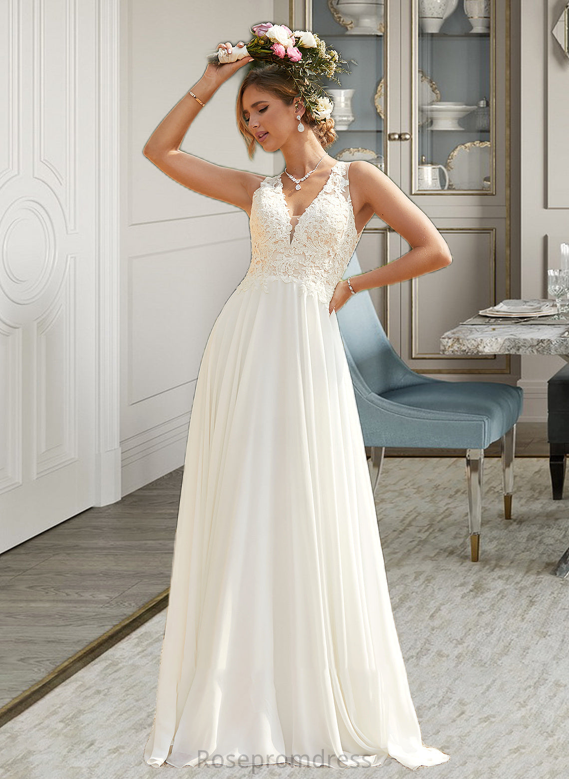 Kenzie A-Line V-neck Sweep Train Chiffon Lace Wedding Dress With Lace SRSP0013677