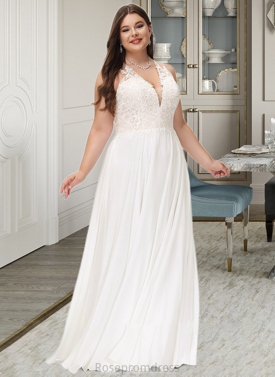 Kenzie A-Line V-neck Sweep Train Chiffon Lace Wedding Dress With Lace SRSP0013677