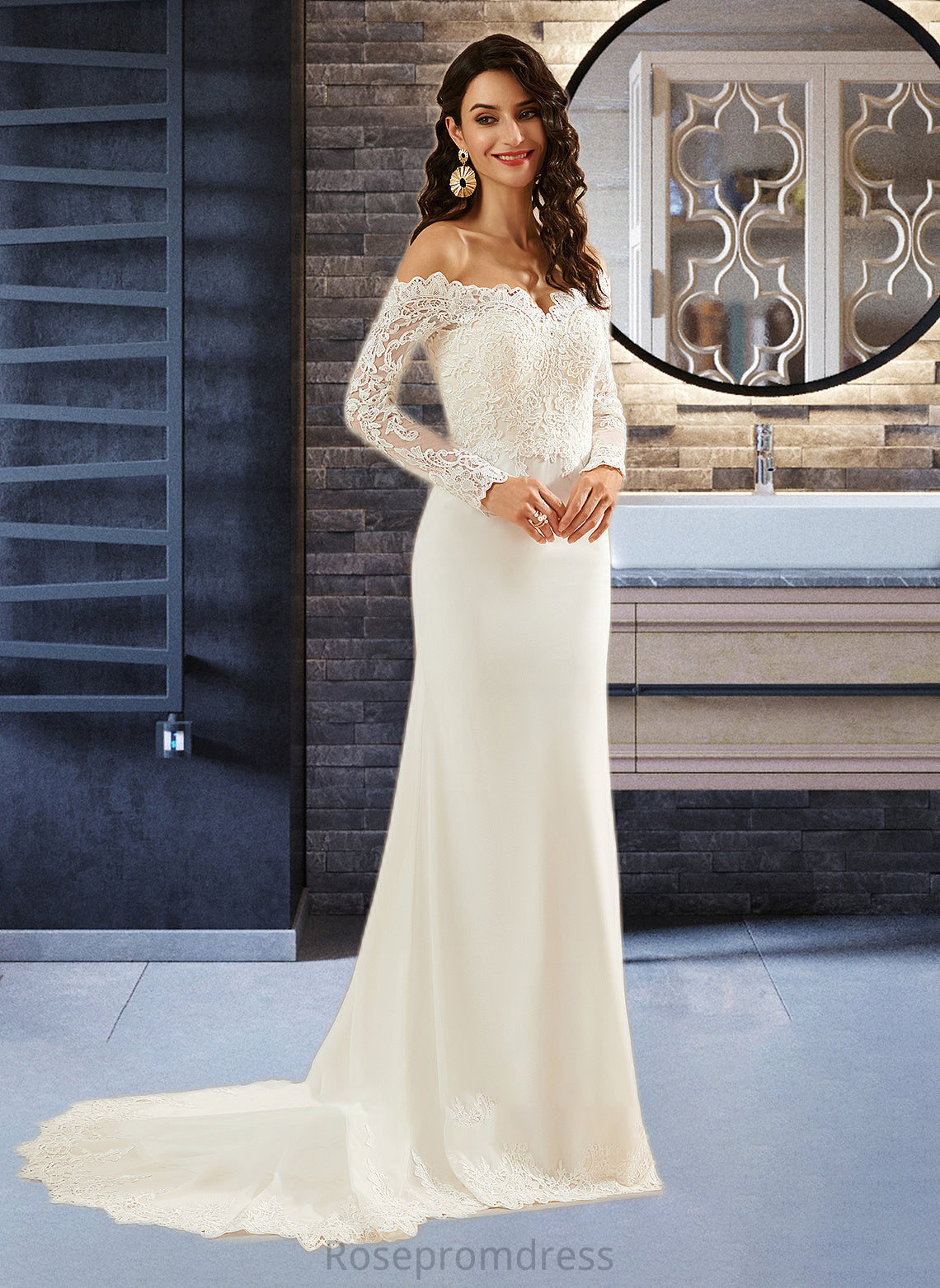 Angelique Trumpet/Mermaid Off-the-Shoulder Court Train Wedding Dress With Lace SRSP0013680