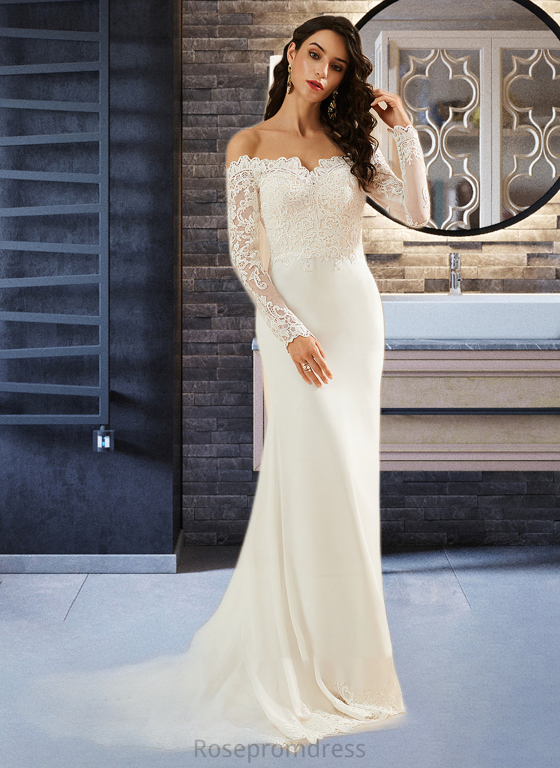 Angelique Trumpet/Mermaid Off-the-Shoulder Court Train Wedding Dress With Lace SRSP0013680