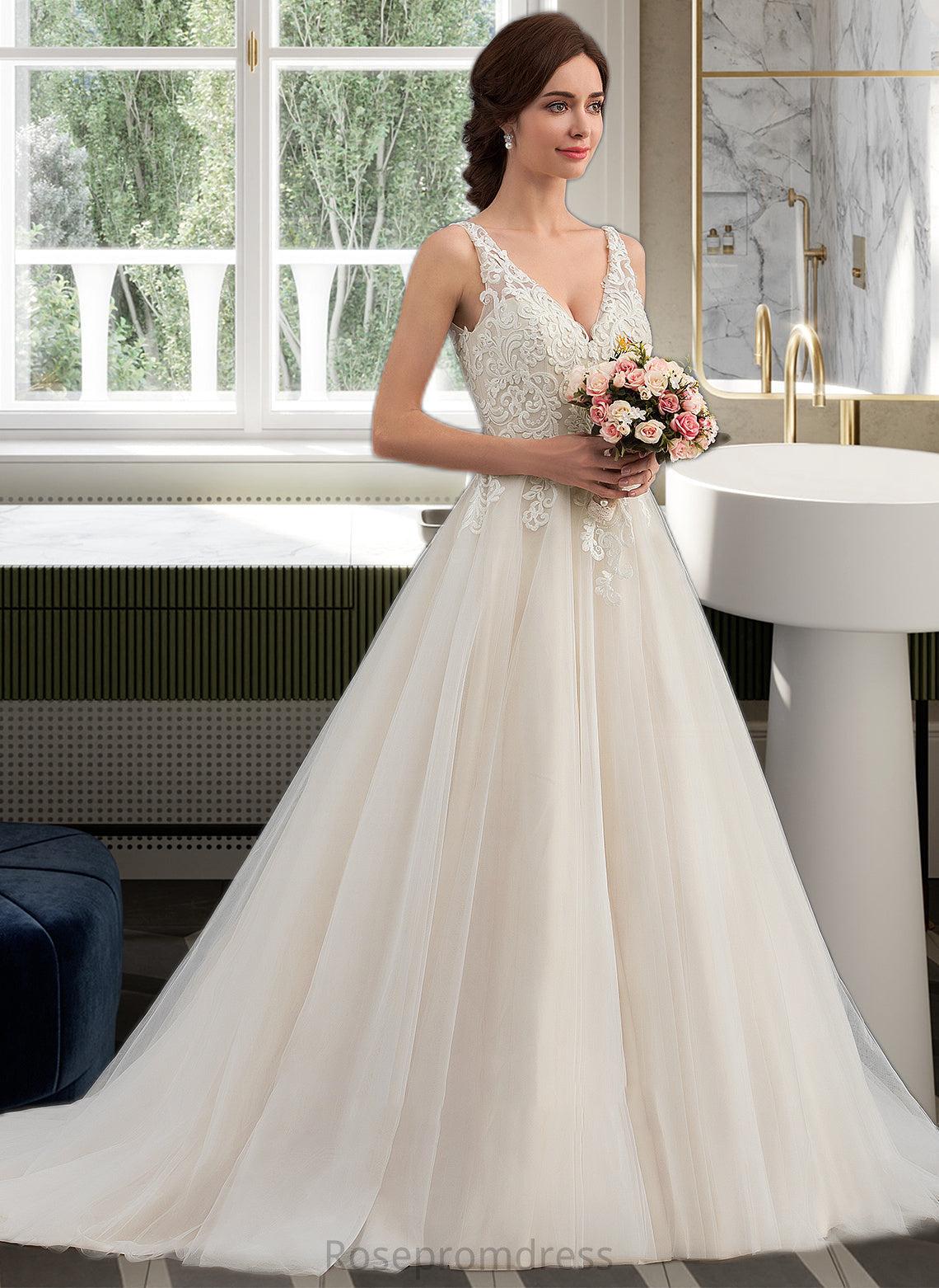 Jenna Ball-Gown/Princess V-neck Court Train Tulle Wedding Dress SRSP0013682
