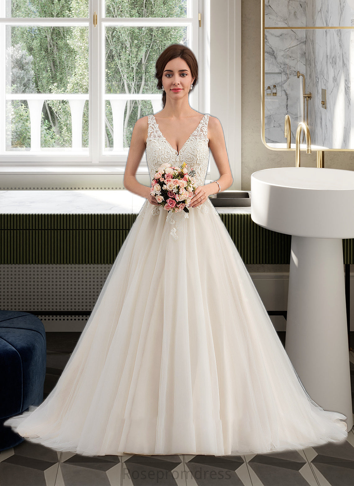Jenna Ball-Gown/Princess V-neck Court Train Tulle Wedding Dress SRSP0013682