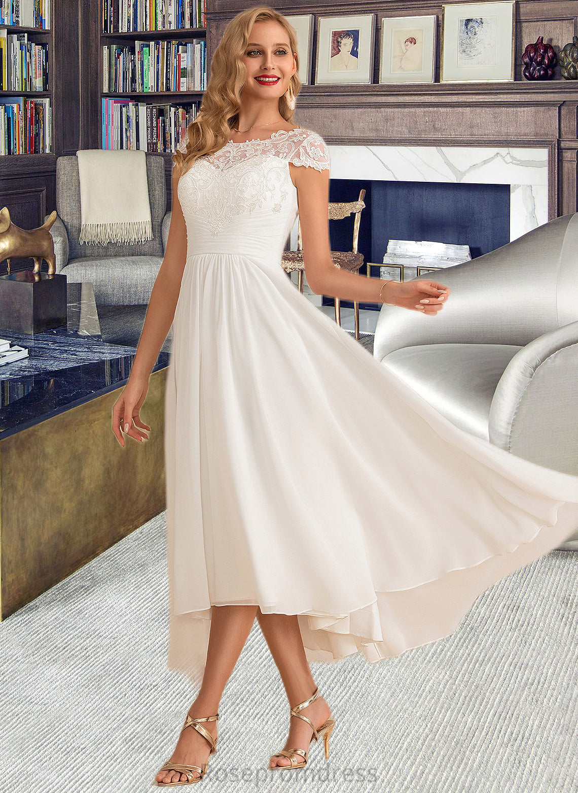 Linda A-Line Scoop Neck Asymmetrical Chiffon Wedding Dress SRSP0013683