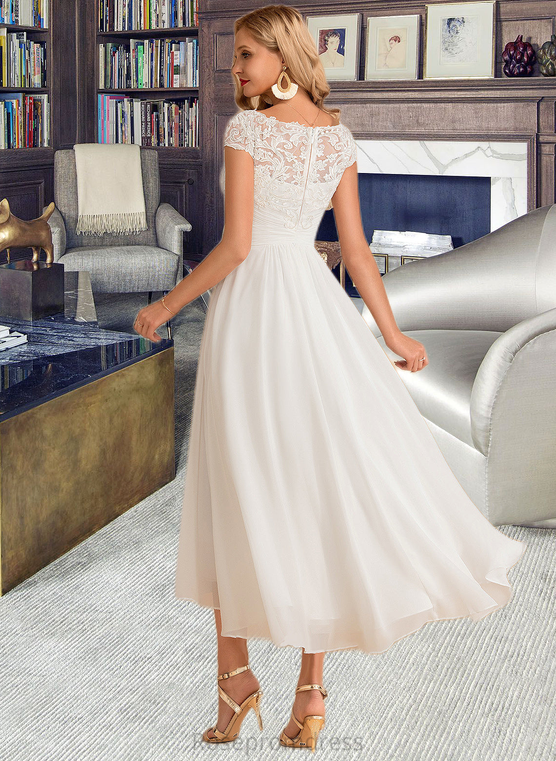 Linda A-Line Scoop Neck Asymmetrical Chiffon Wedding Dress SRSP0013683
