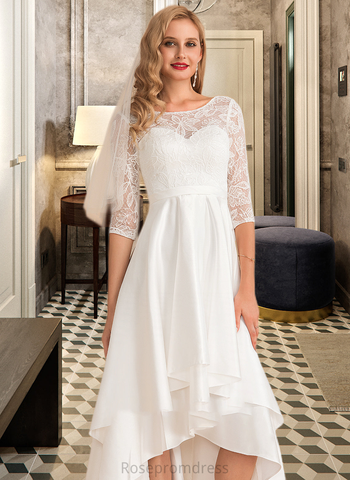 Kristen A-Line Scoop Neck Asymmetrical Satin Lace Wedding Dress SRSP0013684