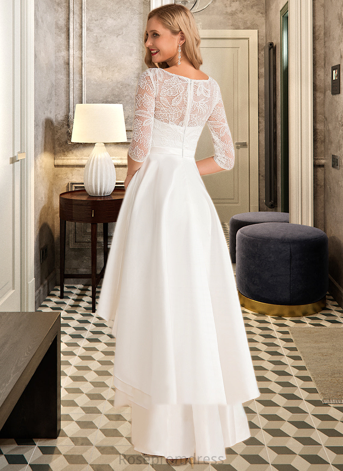 Kristen A-Line Scoop Neck Asymmetrical Satin Lace Wedding Dress SRSP0013684