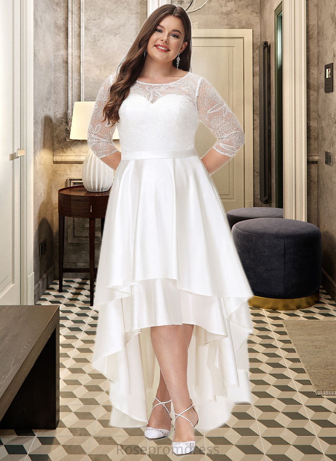 Kristen A-Line Scoop Neck Asymmetrical Satin Lace Wedding Dress SRSP0013684