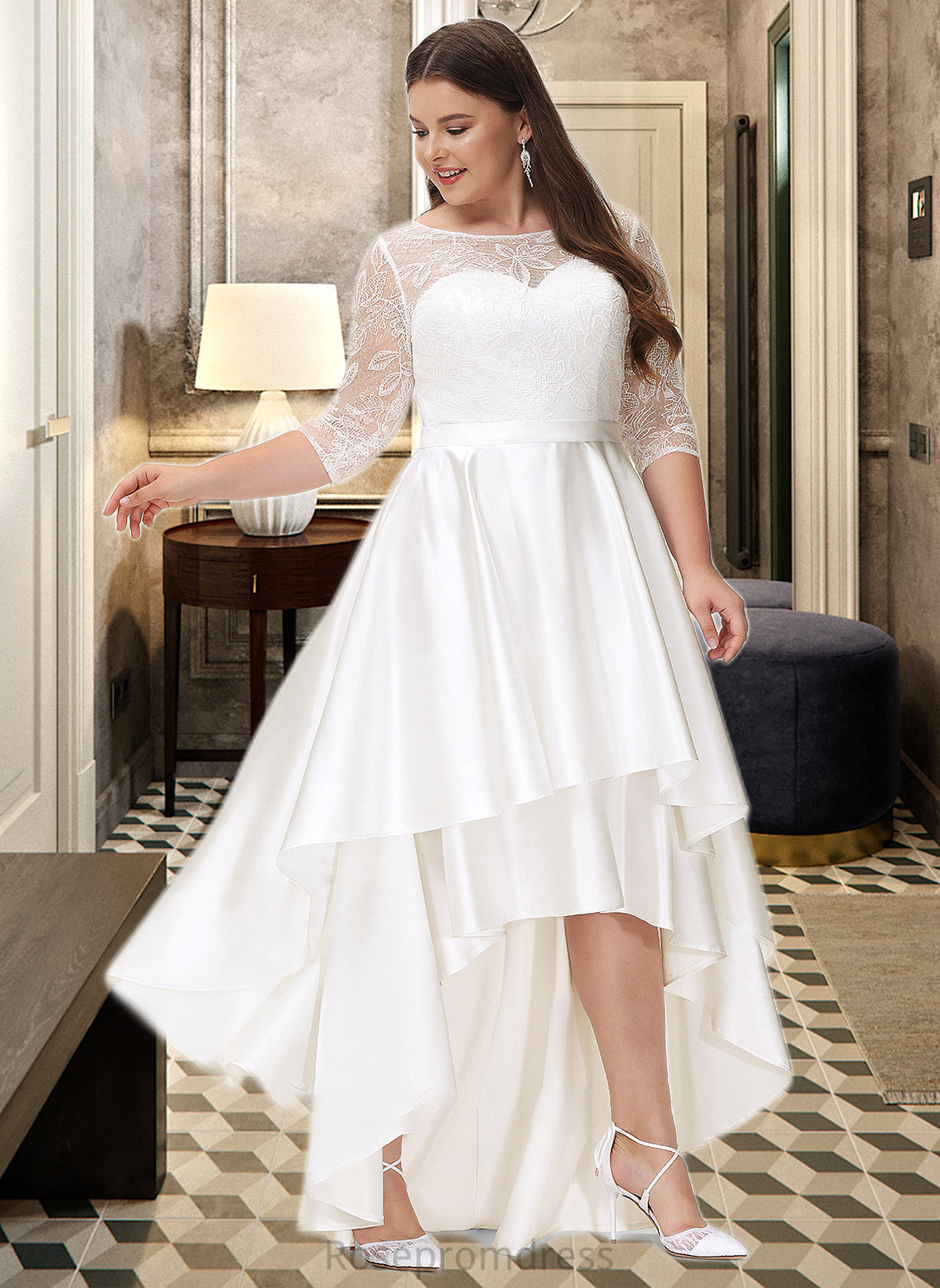 Kristen A-Line Scoop Neck Asymmetrical Satin Lace Wedding Dress SRSP0013684