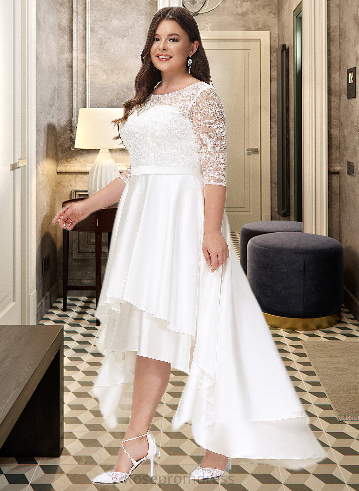 Kristen A-Line Scoop Neck Asymmetrical Satin Lace Wedding Dress SRSP0013684