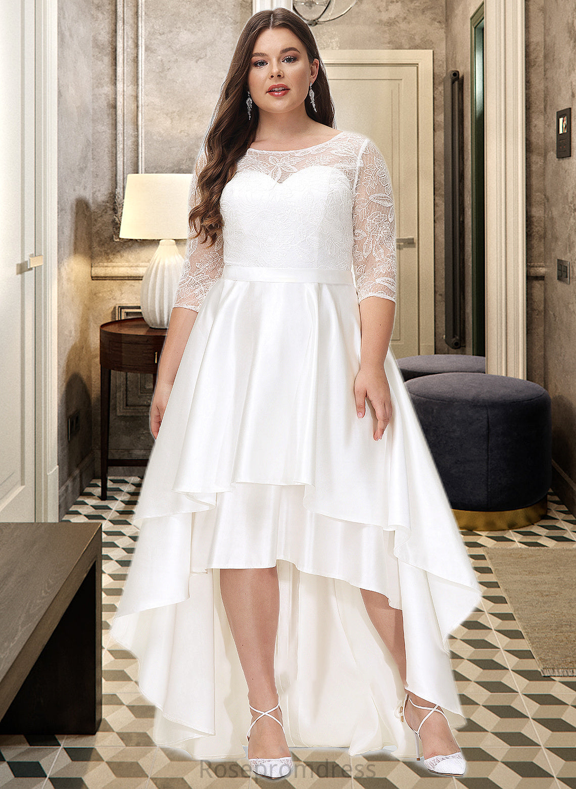 Kristen A-Line Scoop Neck Asymmetrical Satin Lace Wedding Dress SRSP0013684