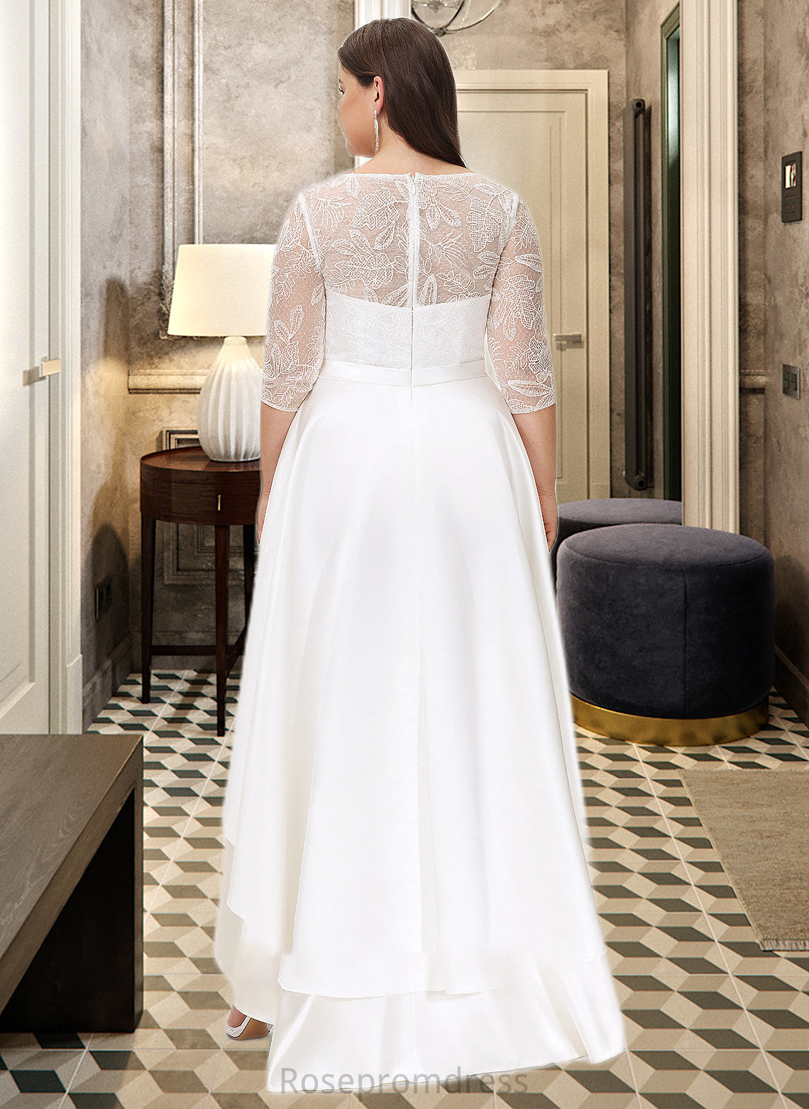 Kristen A-Line Scoop Neck Asymmetrical Satin Lace Wedding Dress SRSP0013684