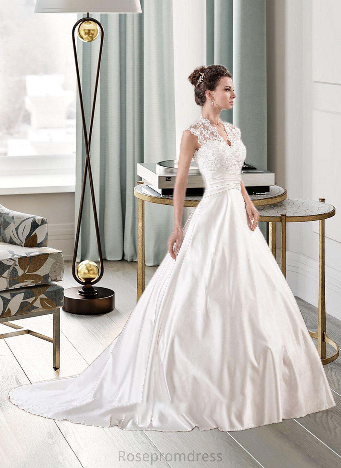 Margery Ball-Gown/Princess V-neck Court Train Satin Lace Wedding Dress With Ruffle SRSP0013688