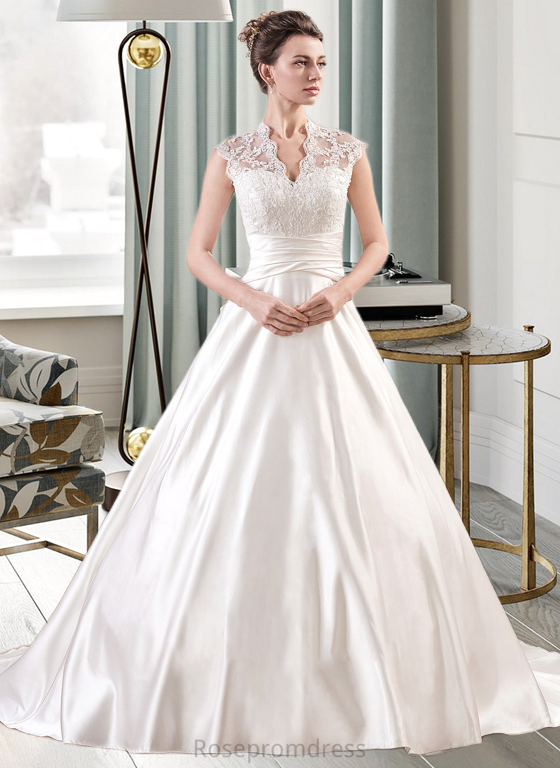Margery Ball-Gown/Princess V-neck Court Train Satin Lace Wedding Dress With Ruffle SRSP0013688