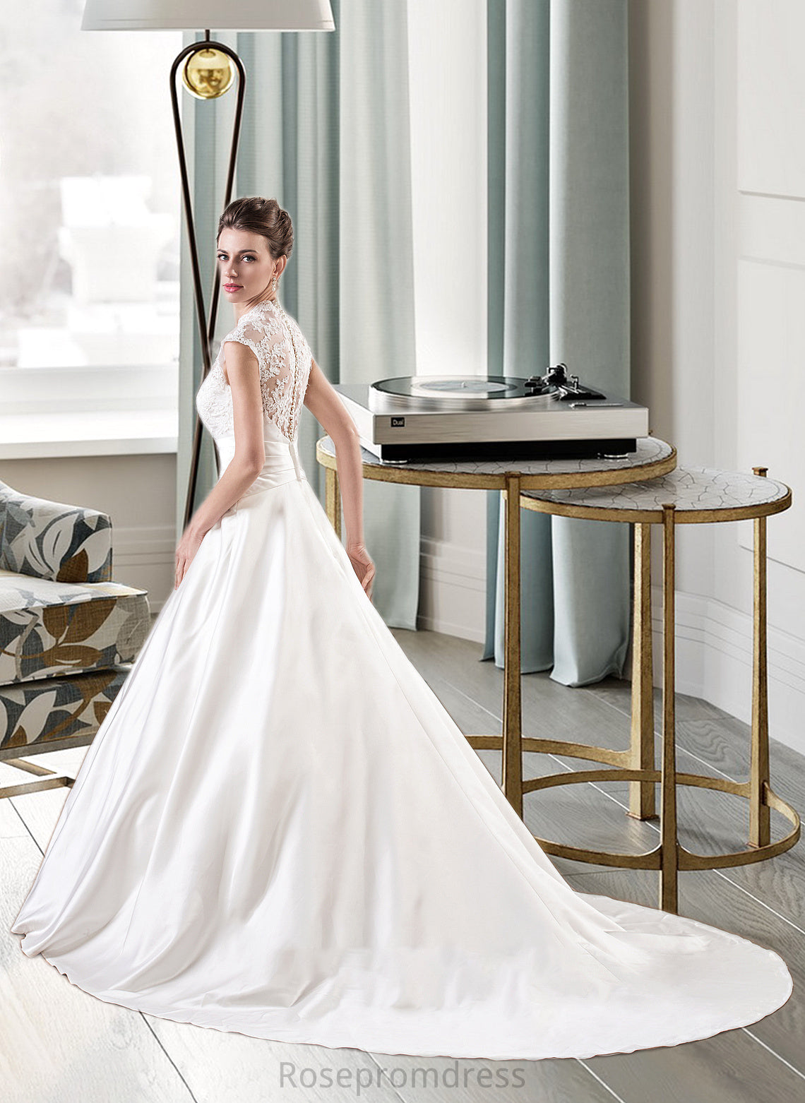 Margery Ball-Gown/Princess V-neck Court Train Satin Lace Wedding Dress With Ruffle SRSP0013688