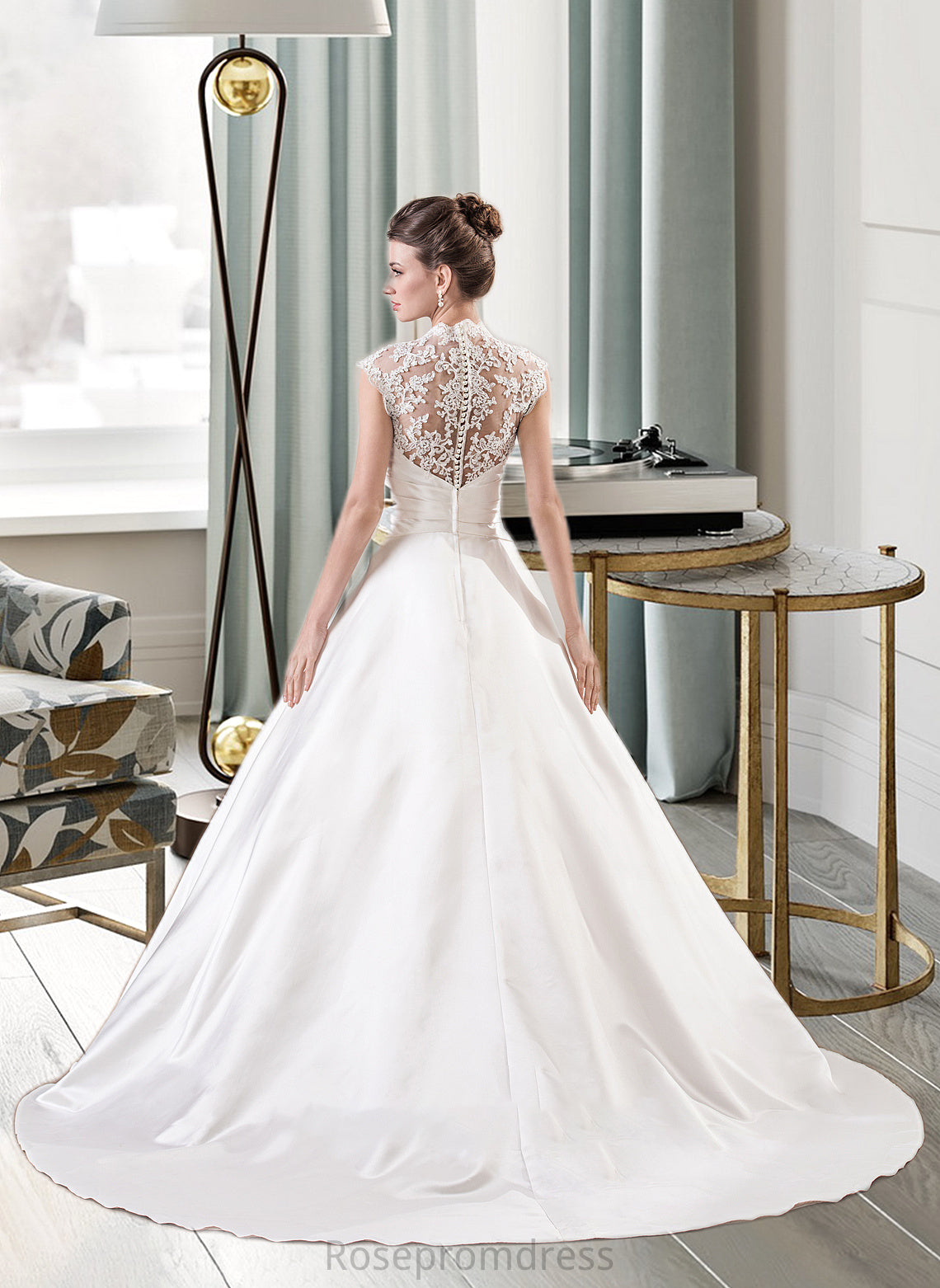 Margery Ball-Gown/Princess V-neck Court Train Satin Lace Wedding Dress With Ruffle SRSP0013688