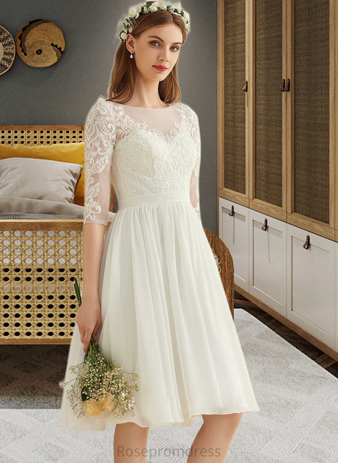 Abril A-Line Knee-Length Chiffon Lace Wedding Dress With Sequins SRSP0013689