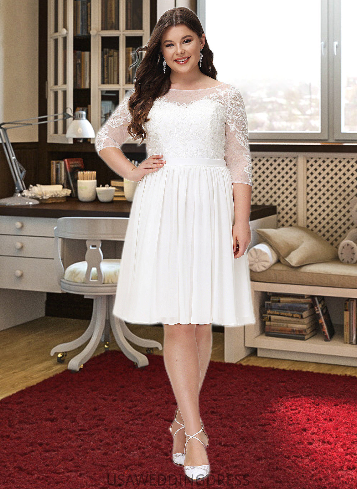 Tianna A-Line Knee-Length Chiffon Lace Wedding Dress With Sequins DSP0013689