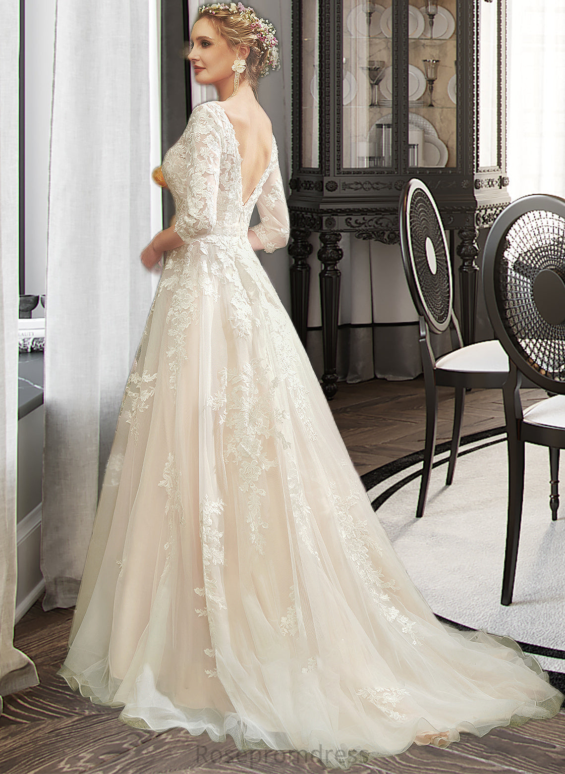 Emerson A-Line V-neck Court Train Wedding Dress With Sequins SRSP0013690