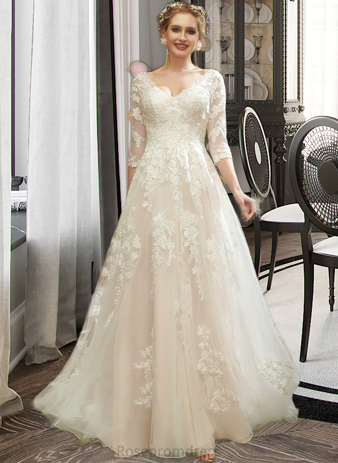 Emerson A-Line V-neck Court Train Wedding Dress With Sequins SRSP0013690