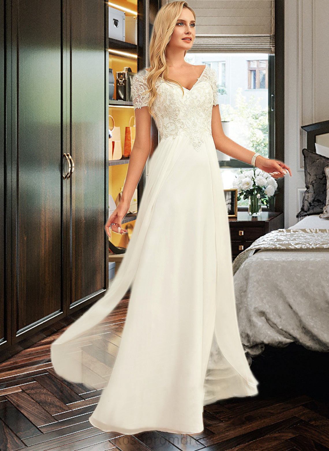 Chelsea A-Line V-neck Floor-Length Chiffon Lace Wedding Dress With Lace SRSP0013691