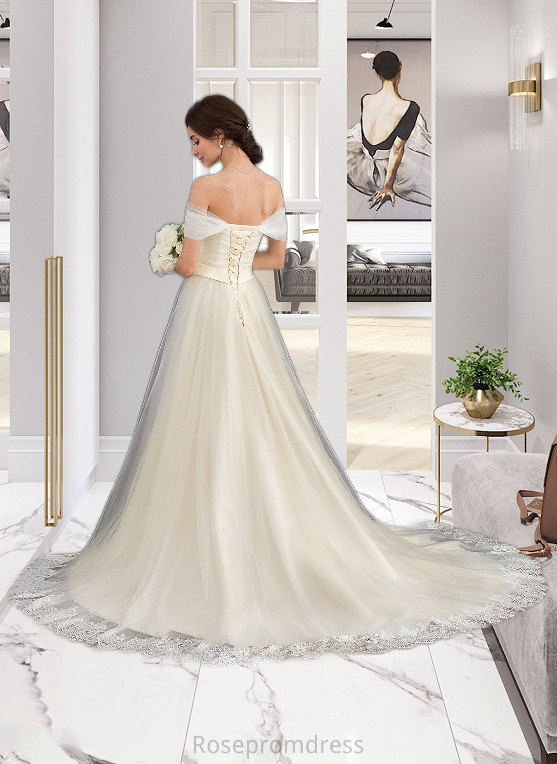 Ashleigh Ball-Gown/Princess Off-the-Shoulder Court Train Tulle Lace Wedding Dress With Ruffle SRSP0013692