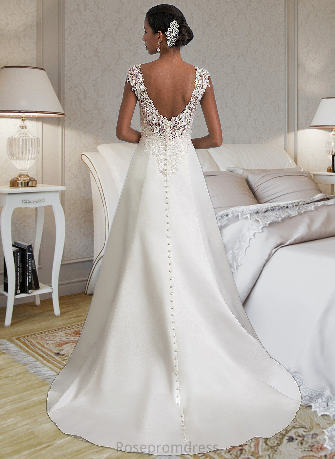 Catalina Ball-Gown/Princess V-neck Sweep Train Satin Wedding Dress With Ruffle Beading Sequins SRSP0013693