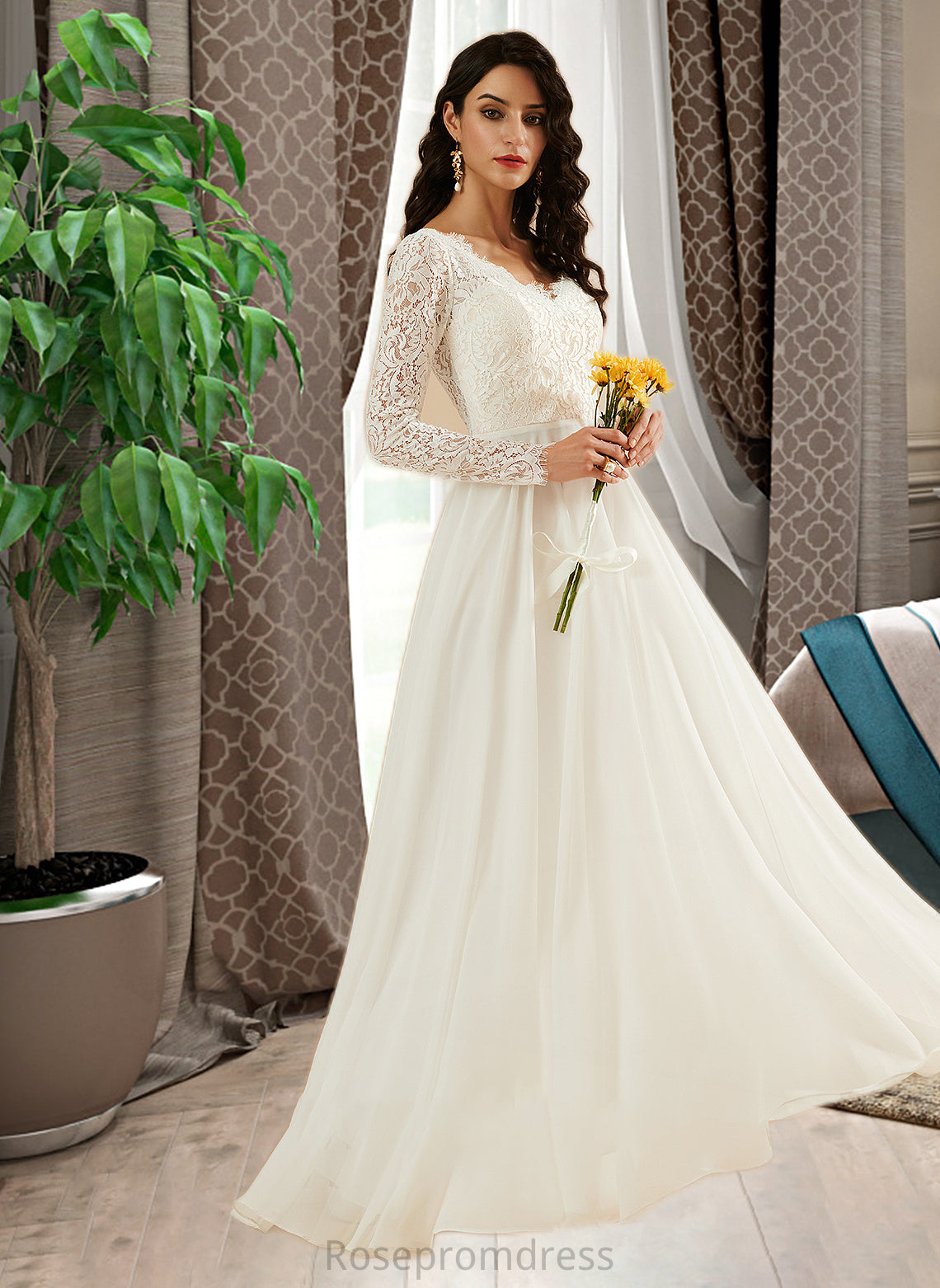 Janae A-Line V-neck Sweep Train Wedding Dress With Lace SRSP0013696